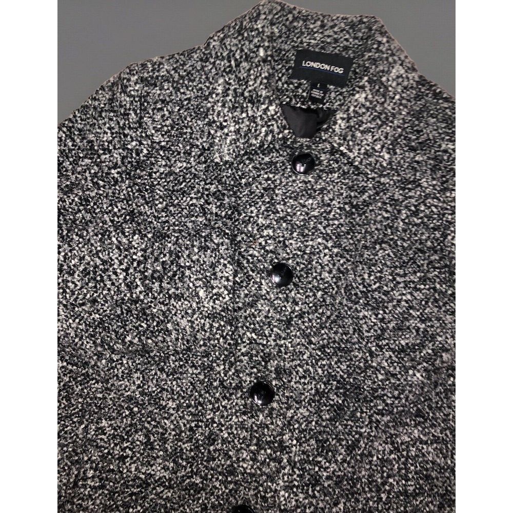 London Fog Tweed Coat‎ Women's L  Black White Wool Blend Single Breasted Preppy